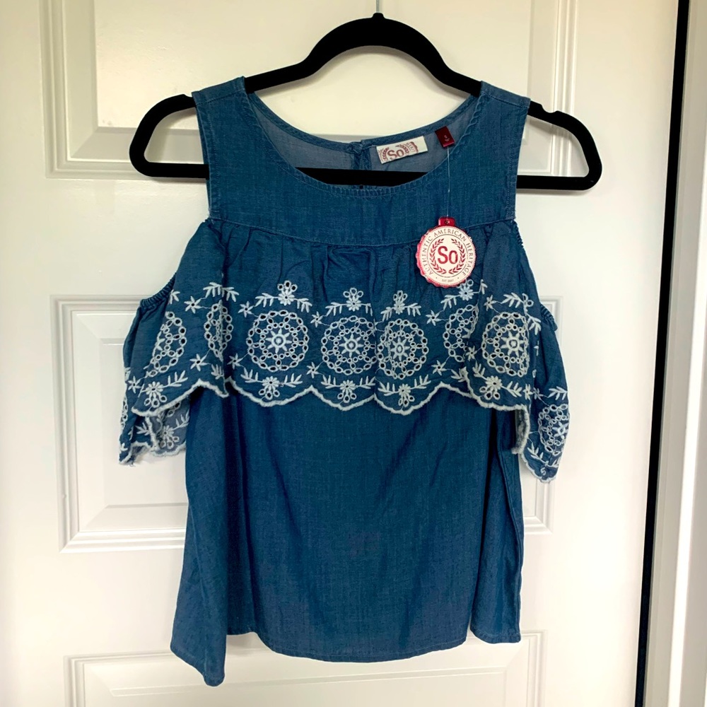 NWT Cold shoulder chambray top